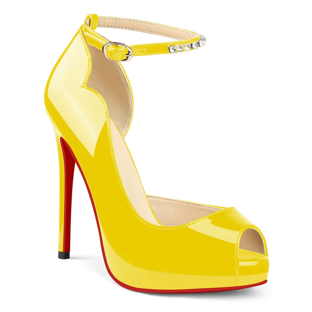 120mm Red Bottom Elastic Strap Slingback Sandals Peep Toe Platform Stilettos Black Patent Heels-MERUMOTE