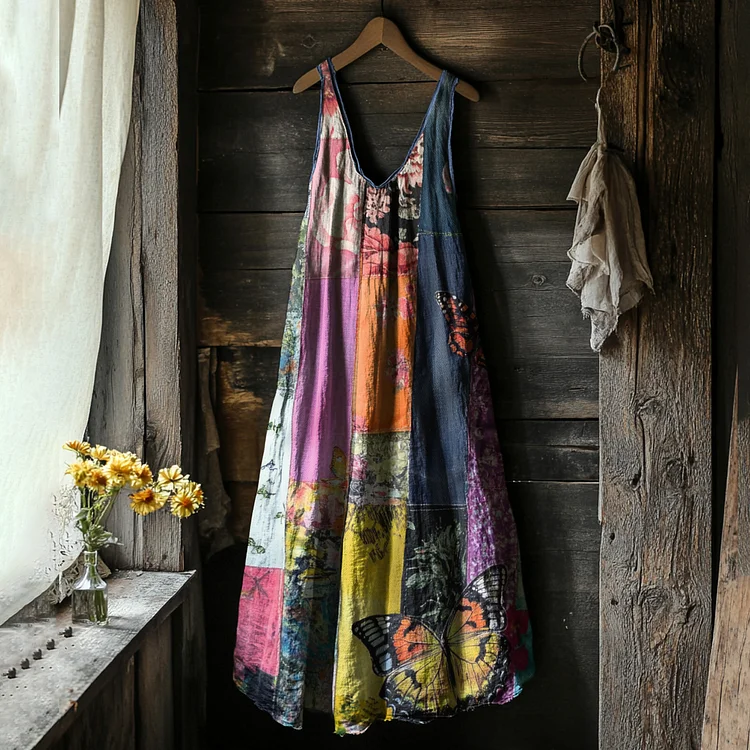 Women's Vintage Bohemian Patch Floral Vest Dress