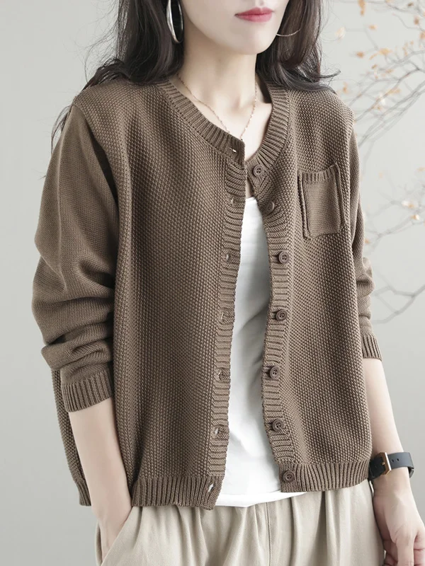 Simple Loose Long Sleeves Buttoned Solid Color Round-Neck Cardigan Tops