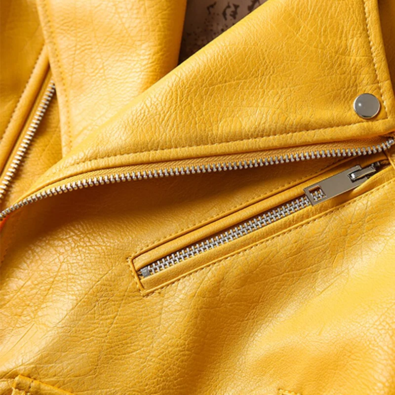 FTLZZ 2021 Spring Women New Yellow Faux Leather Jackets Motorcycle Biker Pink Black Outerwear with Belt Lady Pu Leather Jacket