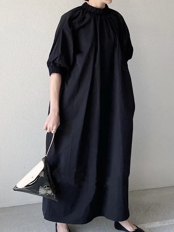 Loose Puff Sleeves Pleated Split-Joint Zipper Stand Collar Maxi Dresses ...