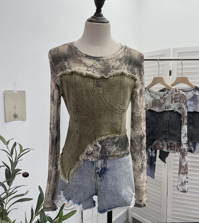 Uveng Solid Shooting Tie-Dye Print Spliced Denim T-Shirt Girl Autumn Design Sense Irregular Hair Side Short-Sleeved Top 2617