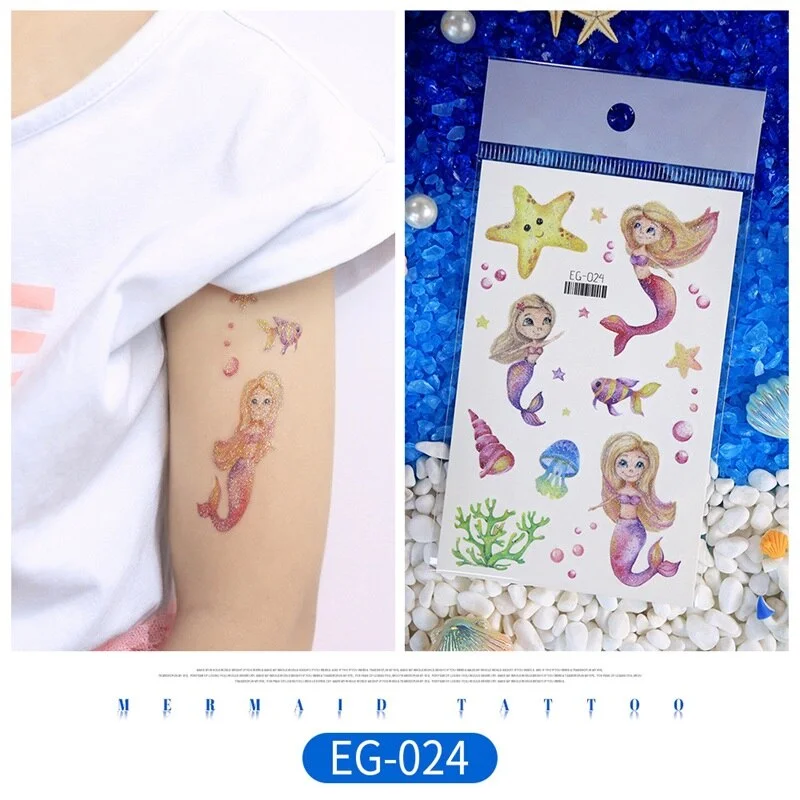 12 kinds Glitter Powder Temporary Tattoo Cartoon Mermaid Ocean Stickers tatouage temporaire Disposable Party Makeup