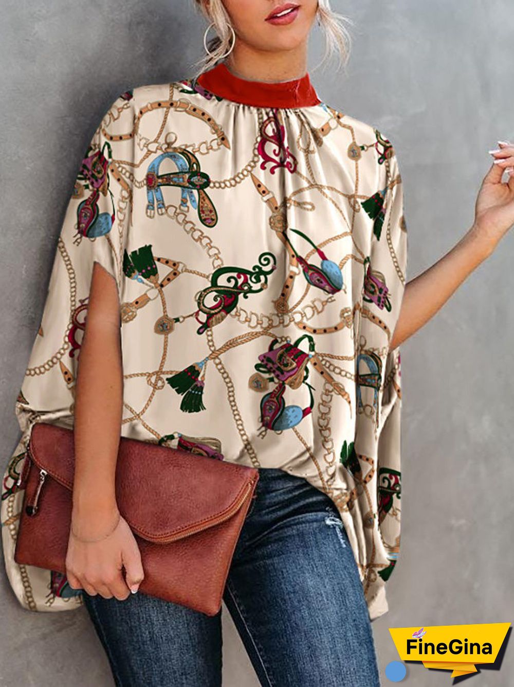 Women'S Blouses Loose Print Crew Neck Doll Sleeve Blouse