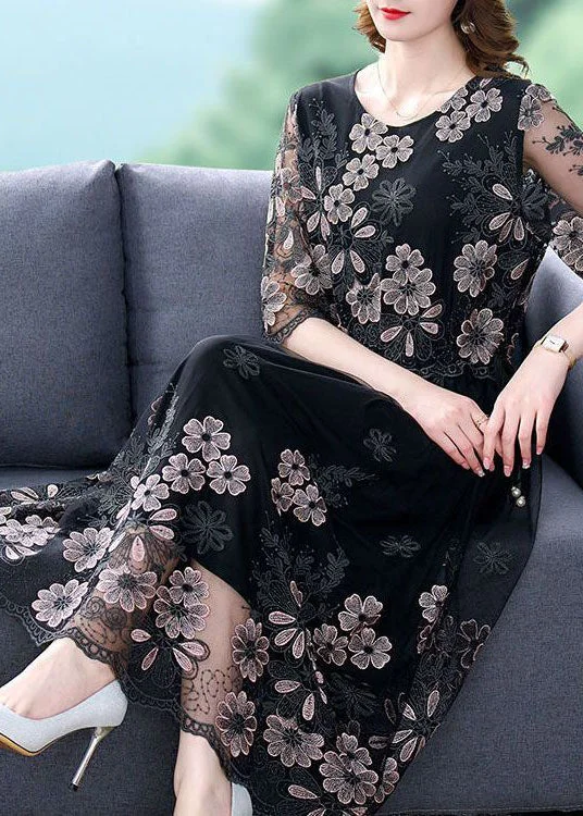 Black Patchwork Tulle Holiday Dress O-Neck Embroideried Half Sleeve