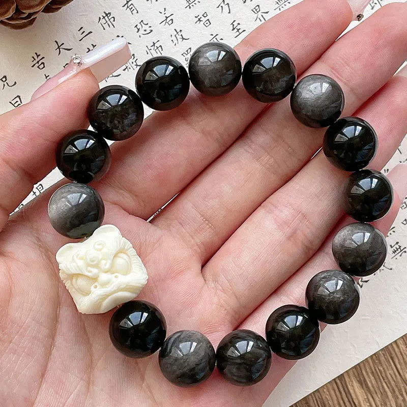 Silver Sheen Obsidian Bodhi Seed Ivory Fruit Dancing Lion Protection Bracelet