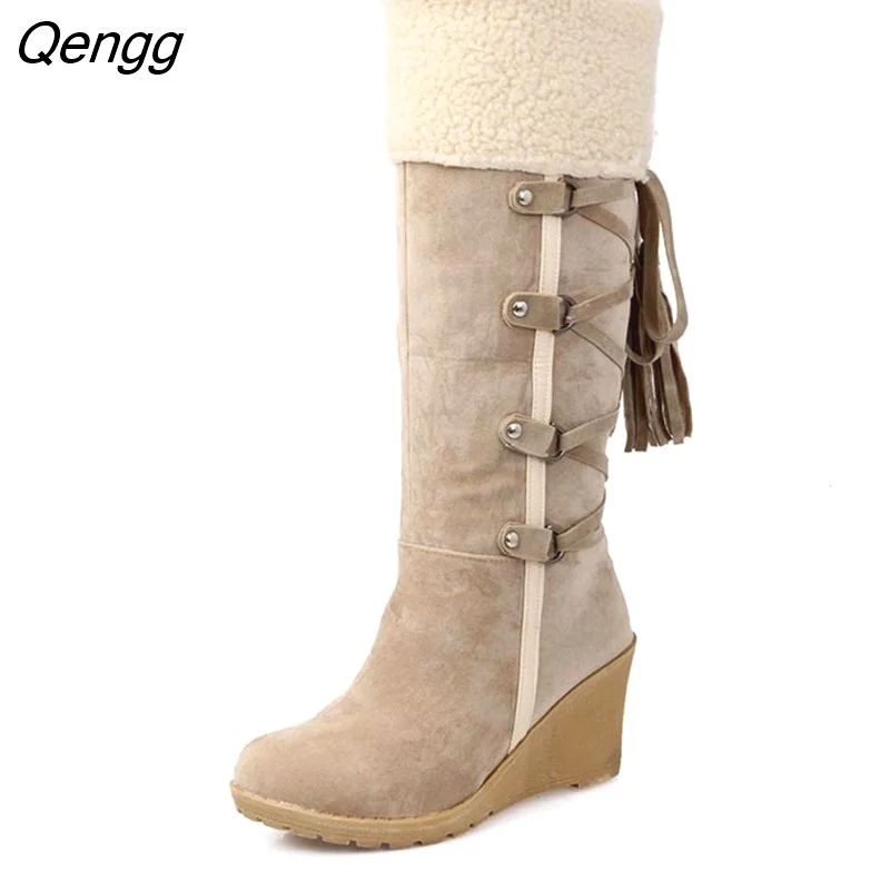 Qengg Women's High Boots 2022 Winter Fashion Lace-up Tassel Long Boots Women Platform Wedge Snow Boots Warm Cotton Boots Botas Mujer