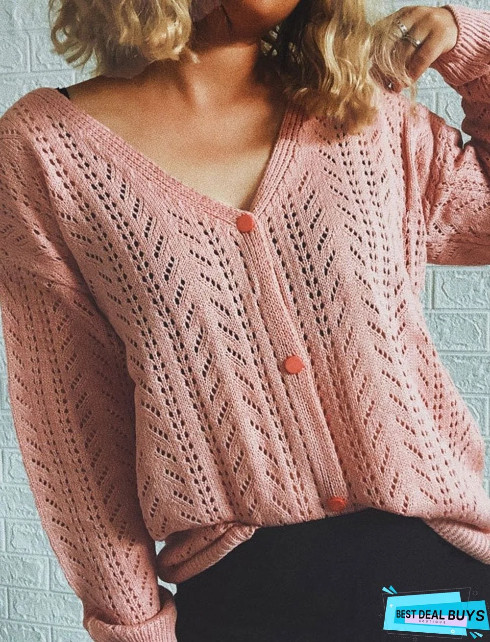 Knitted Solid Color V-Neck Long-Sleeved Sweater