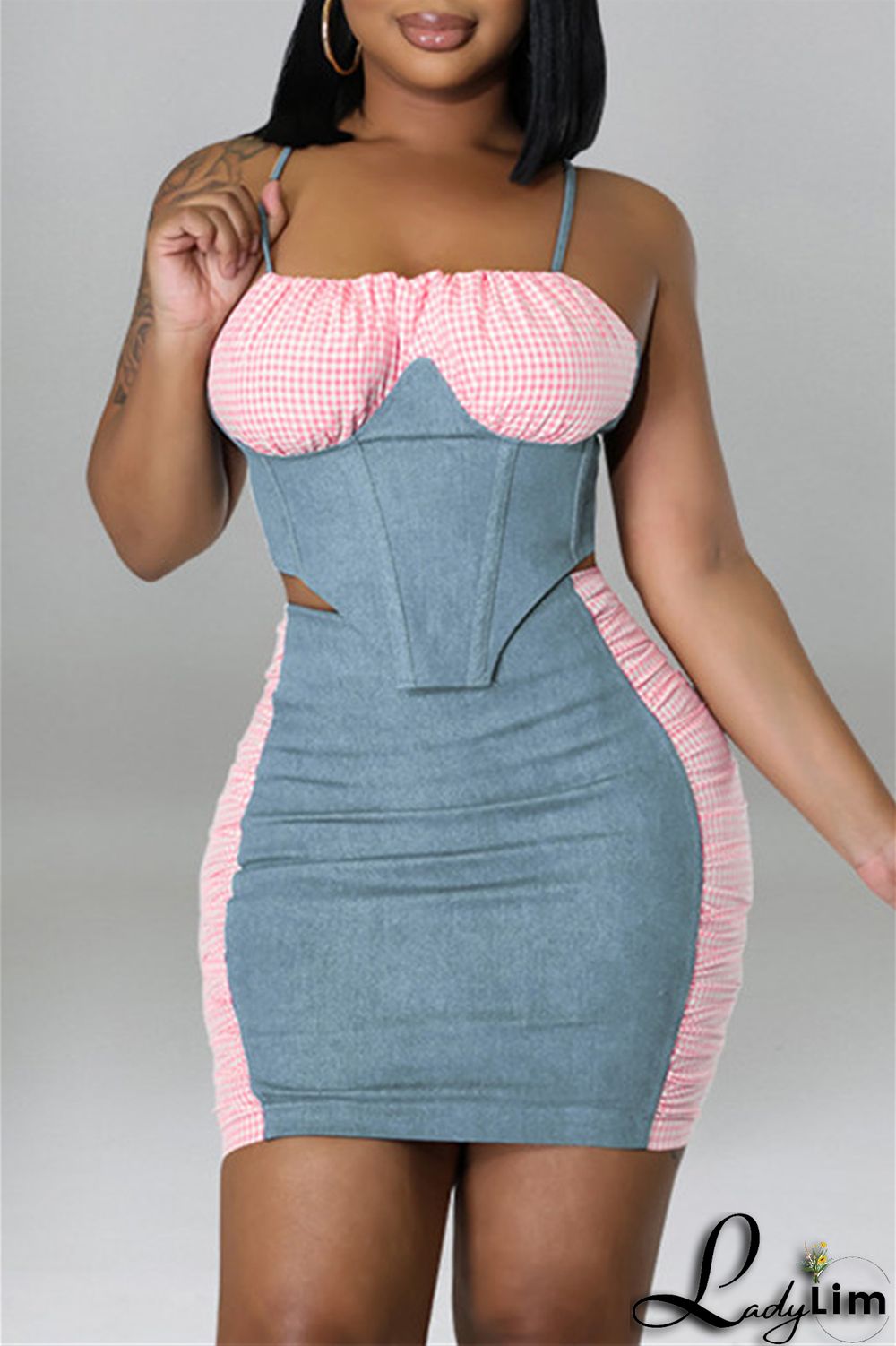 Black Fashion Sexy Plaid Patchwork Backless Asymmetrical Spaghetti Strap Sleeveless Two Pieces