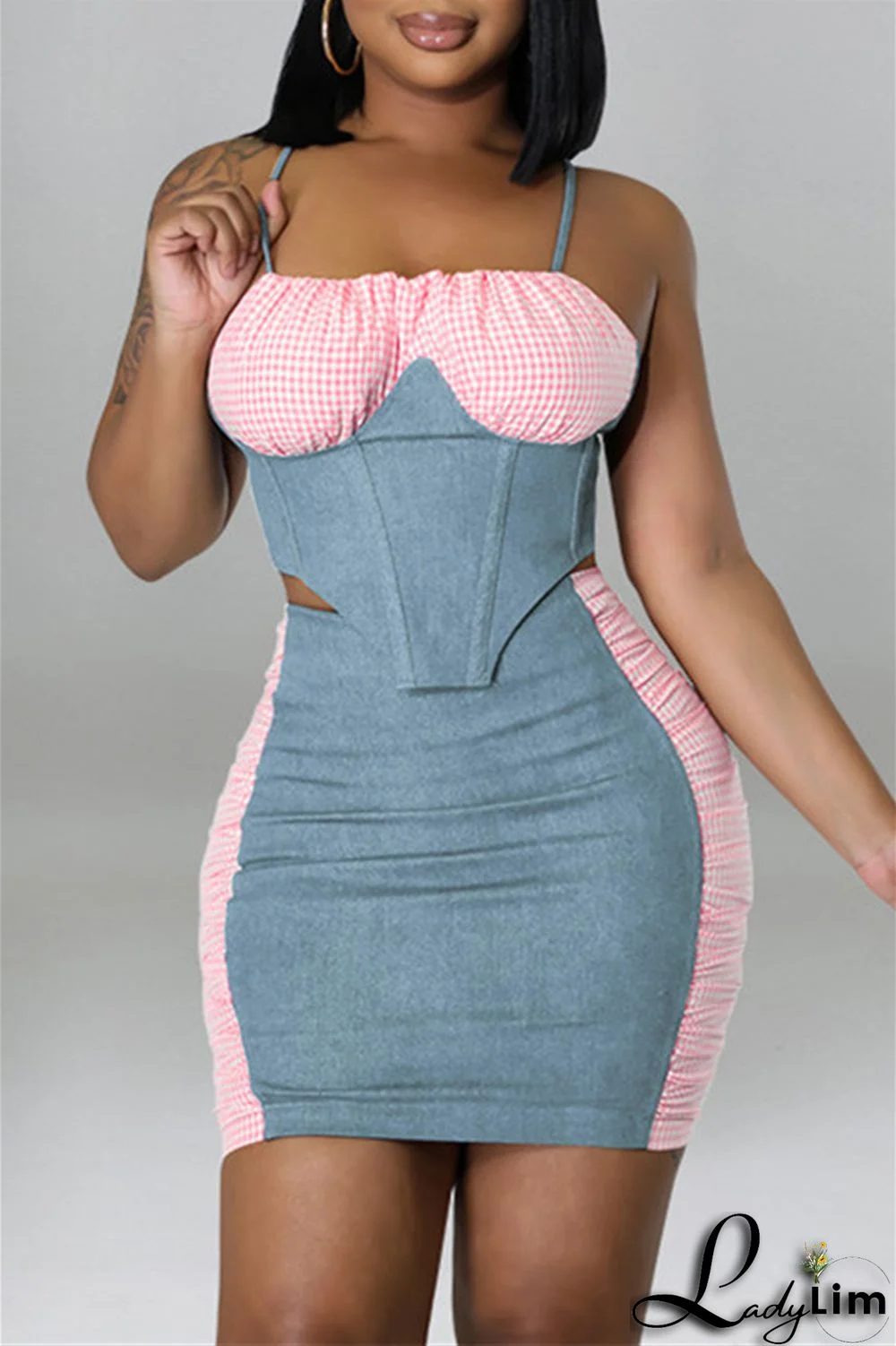 Black Fashion Sexy Plaid Patchwork Backless Asymmetrical Spaghetti Strap Sleeveless Two Pieces