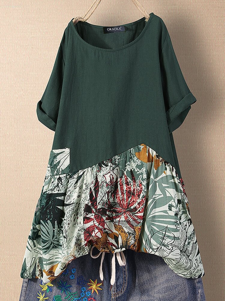 Leaves Print Patchwork Short Sleeve Summer T shirt For Women P1527934