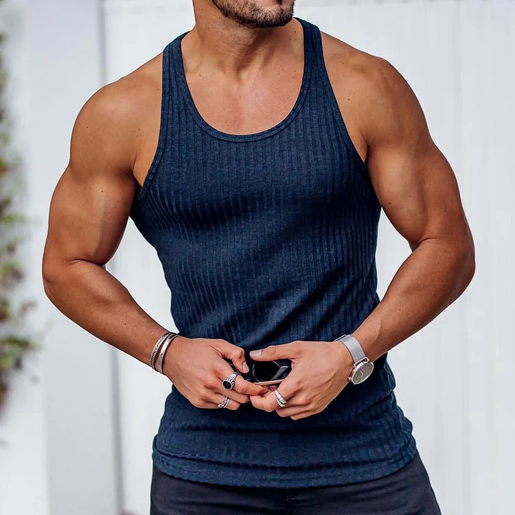 Casual Solid Color Woven Tank Tops Men Slim Fit Crew Neck Sleeveless Vest at Hiphopee