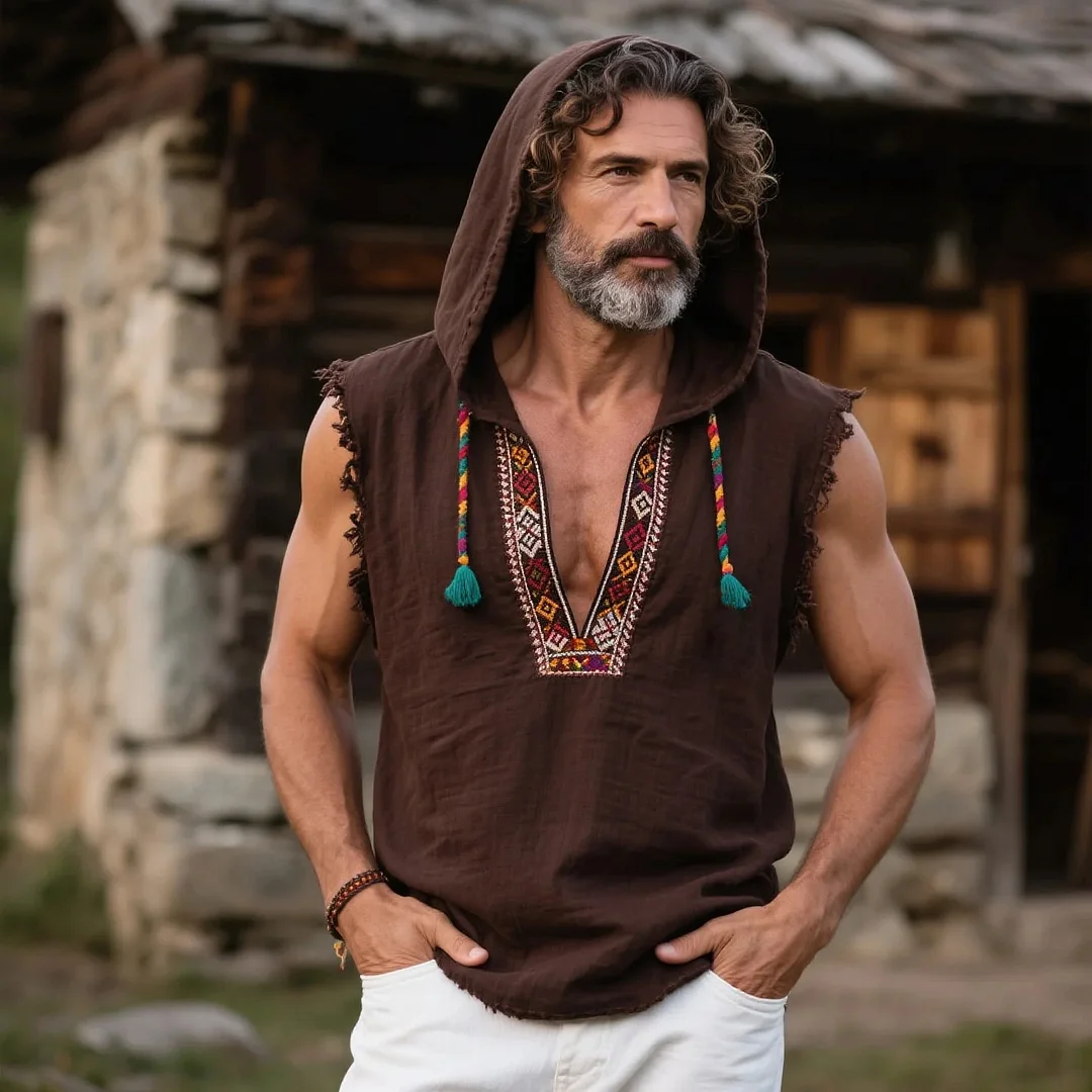  Bohemian Embroidered Sleeveless Hoodie for Men - Perfect for Summer Festivals and Casual Outings-inspireuse