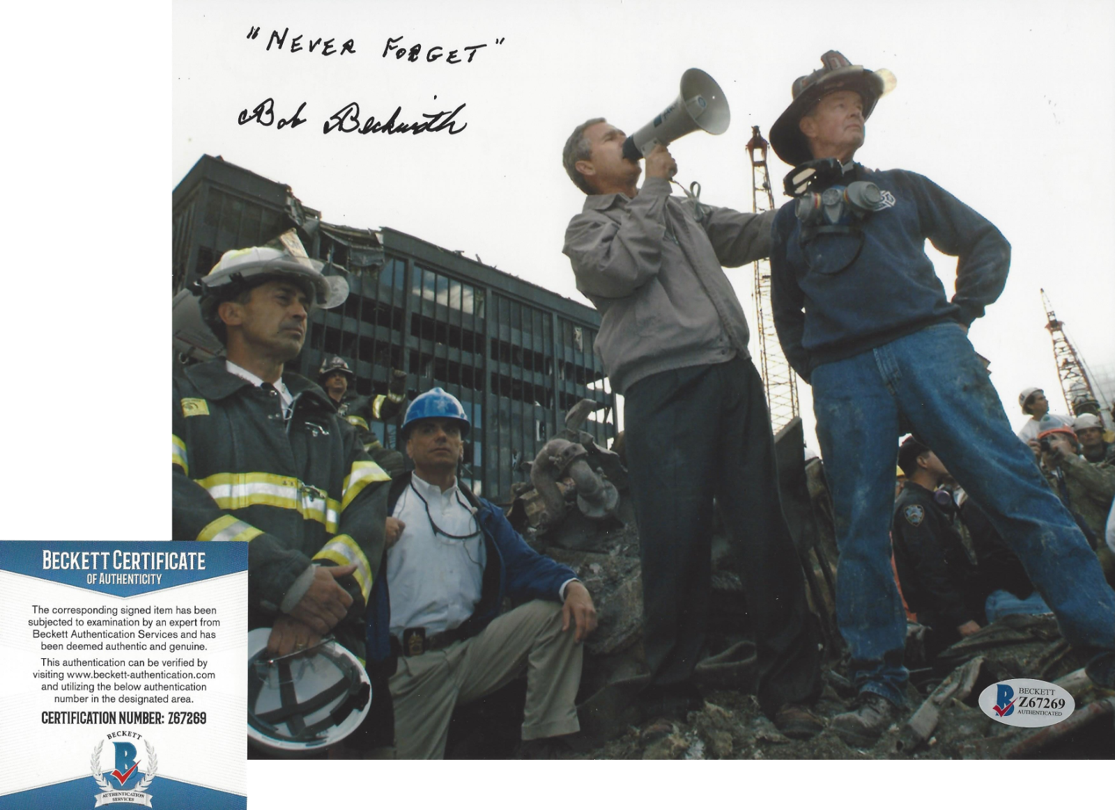 BOB BECKWITH NEW YORK FIREFIGHTER SIGNED 9/11 MEMORIAL 8x10 Photo Poster painting BECKETT COA