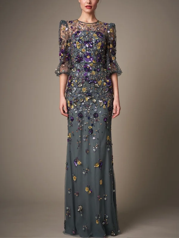 Round neck sequined mesh maxi dress - 01