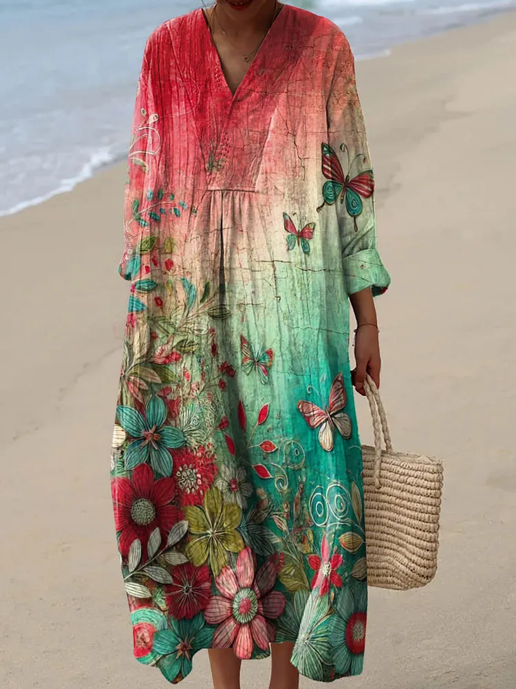 Women's Vintage Floral Art Print Cotton Dress