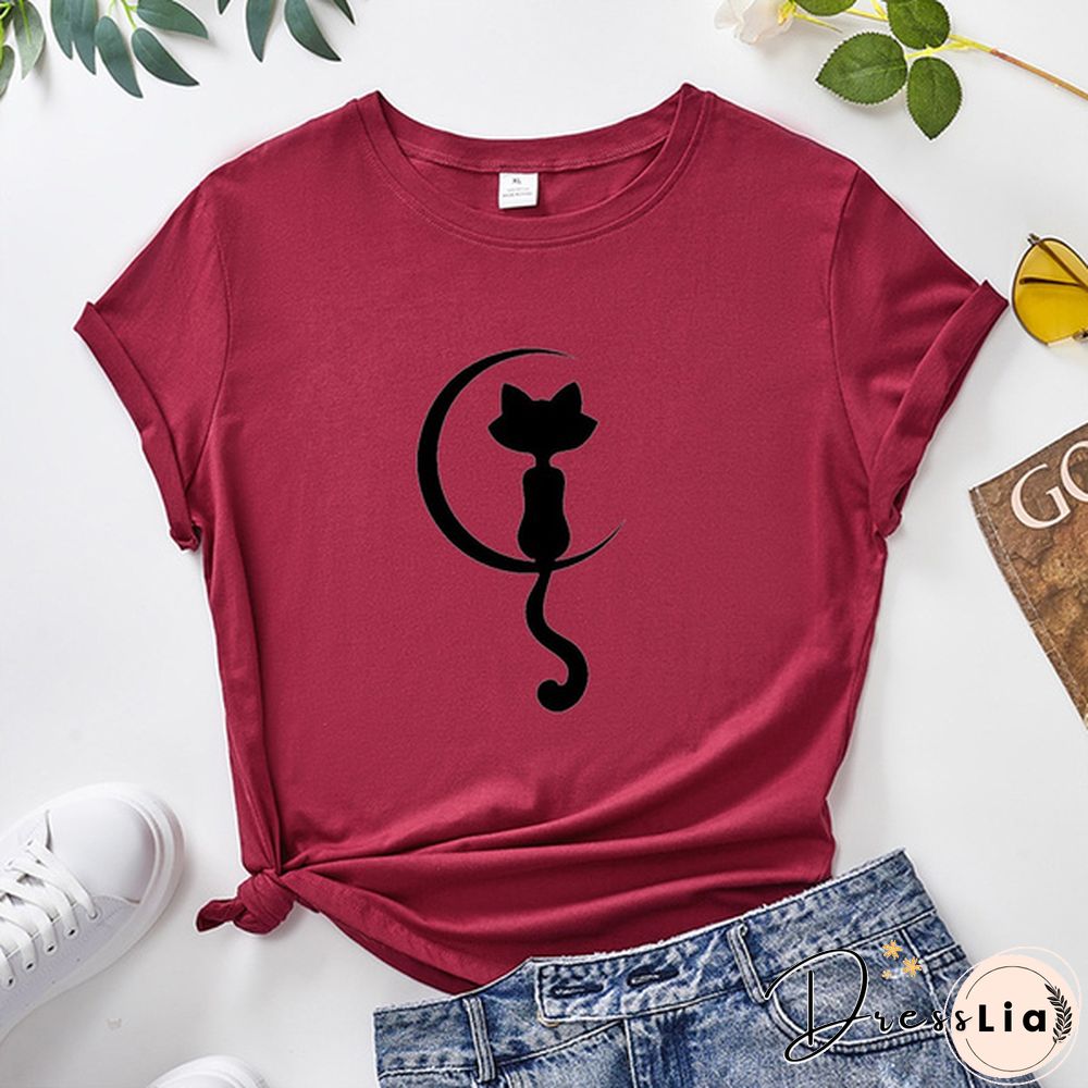 Women Fashion Cat Print T-shirt Summer Casual Short Sleeve Tee Shirt Ladies Round Neck Loose T-shirt