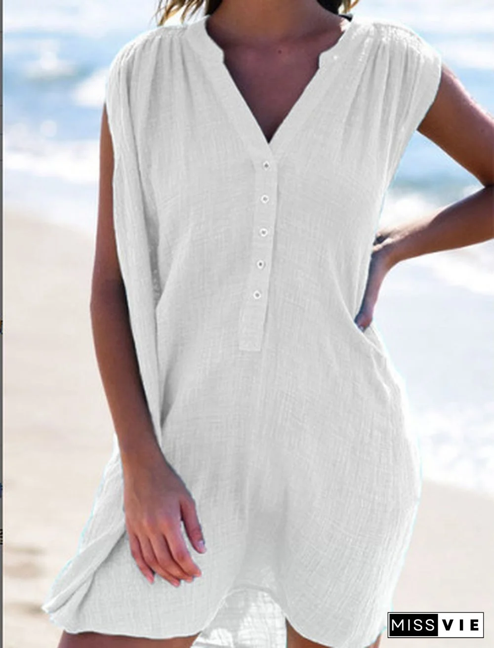 Solid Color Fashion V-neck Button Casual Sleeveless Dress White Dresses