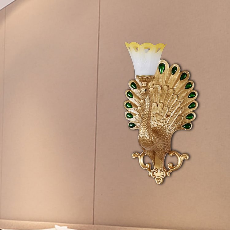 Traditional Peacock Wall Light Fixture 1 Bulb Resin Wall Sconce with White and Yellow Glass Floral Shade