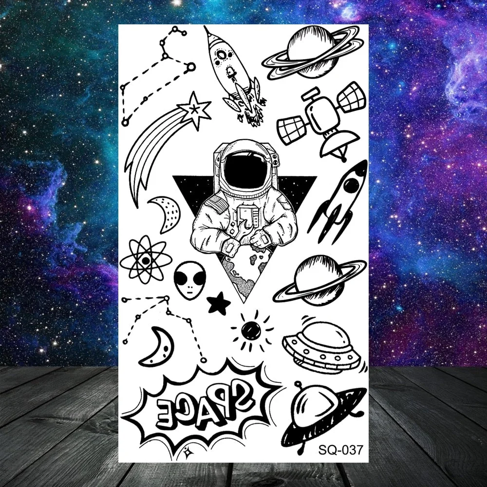 Astronaut Stars Moon Sun Temporary Tattoos For Women Kids Girl Butterfly Feather Letters Fake Tattoo Neck Arm Hands Small Tatoos
