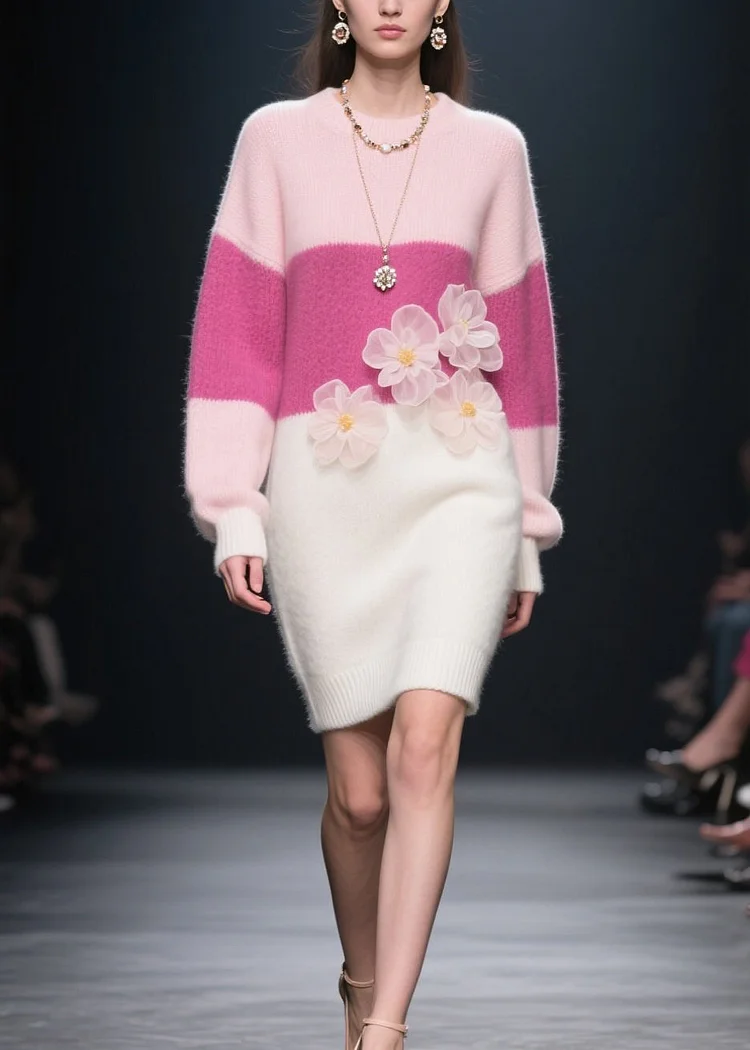Loose Colorblock O Neck Floral Knit Long Dress Winter