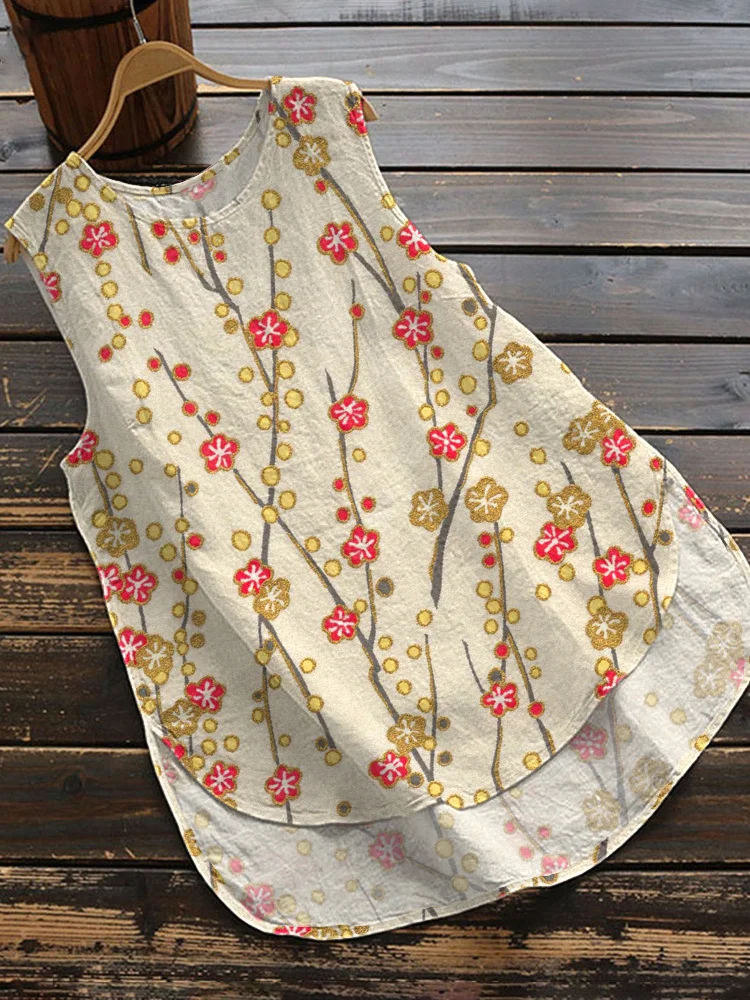 Japanese Art Plum Blossom Cozy Cotton Linen Sleeveless Shirt