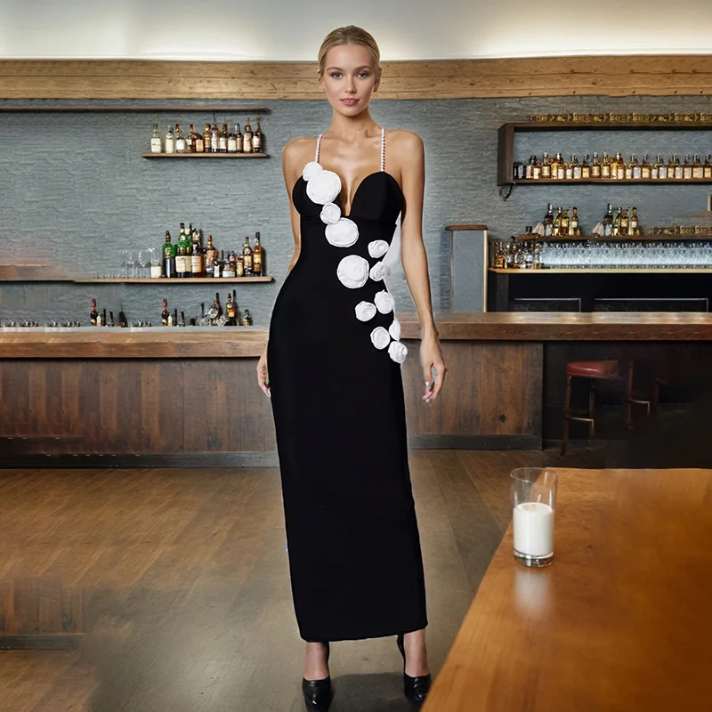 Zingj Fashion Temperament Dress Women 2025 Early Spring New Three-Dimensional Flowers Splicing High-End Slinging Evening Dress Dress