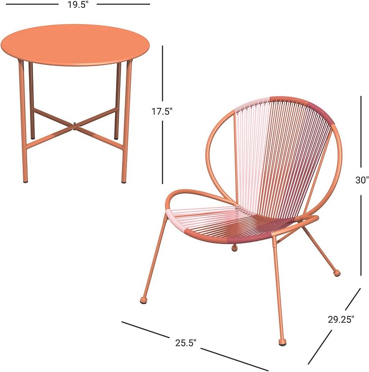 3 Piece Acapulco Steel Woven Rope Bistro Set  with Coffee Table (Tangerine)