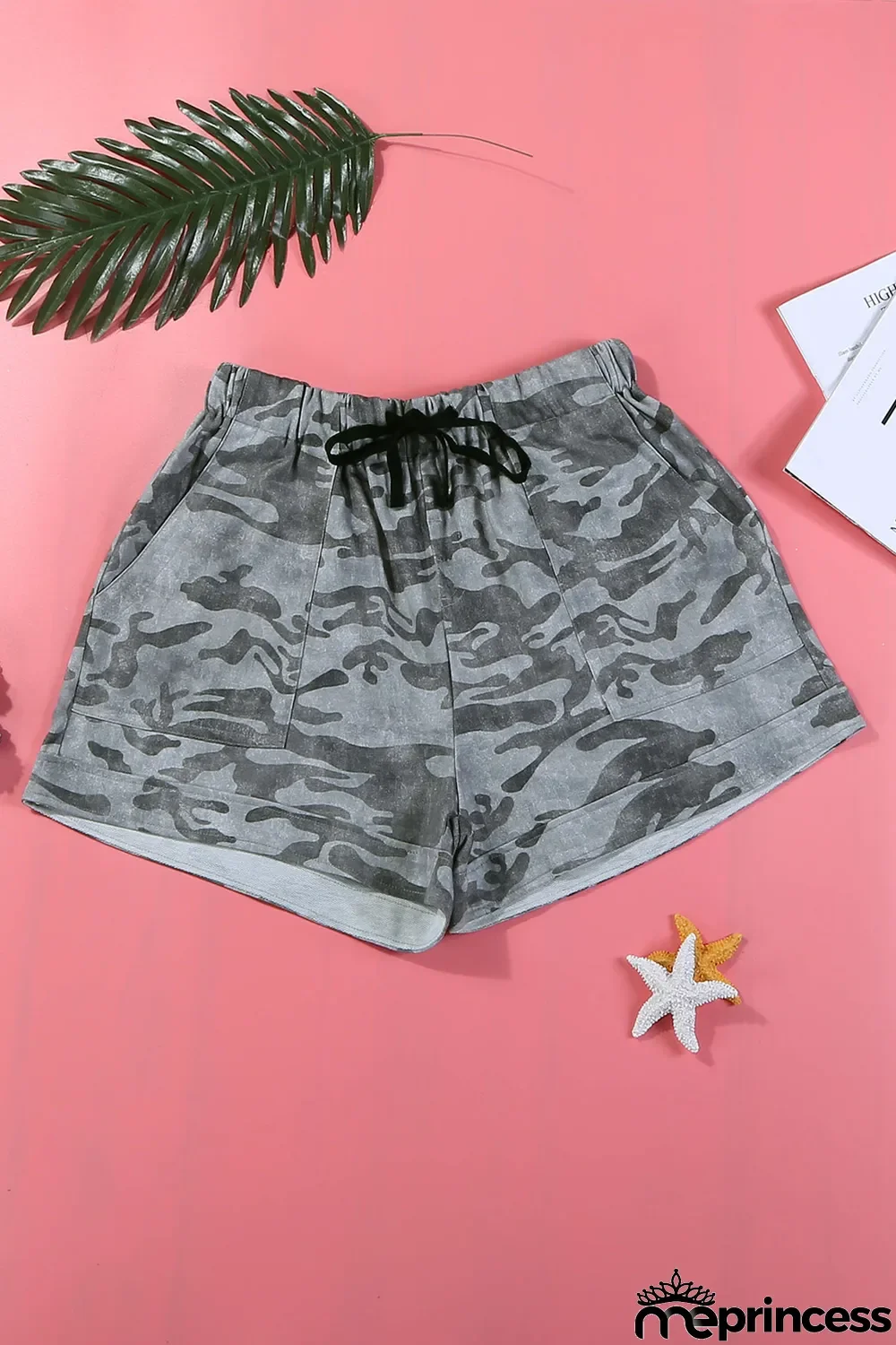 Camouflage Print Drawstring Casual Elastic Waist Pocketed Shorts