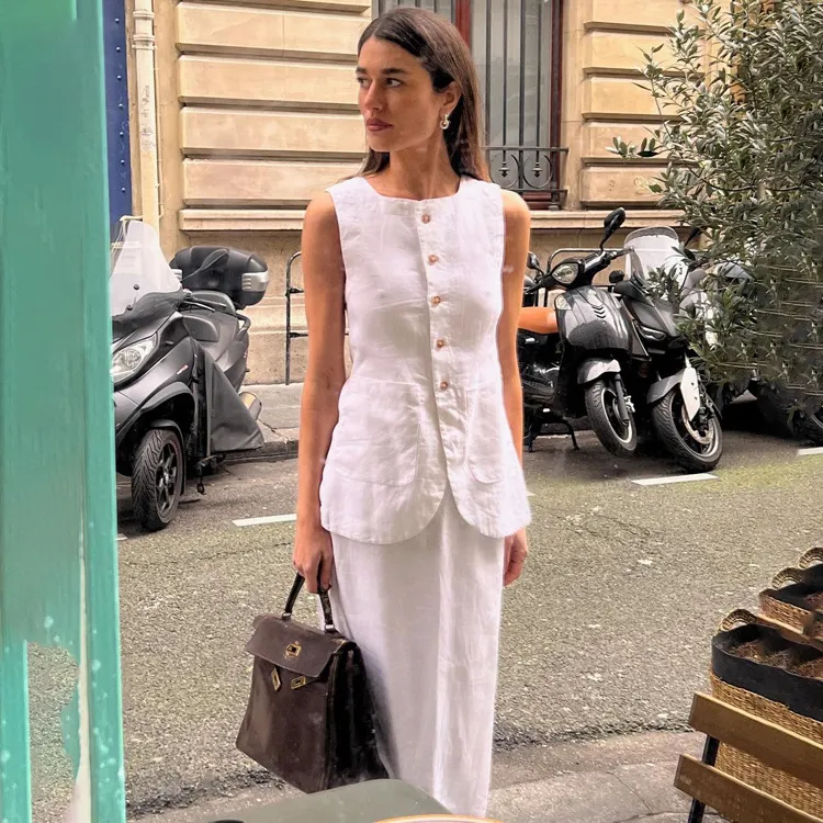 Churchf Churchf New White Square Collar Sleeveless Vest High-Waisted Skirt High Sense Suit Fashion Women's Wear