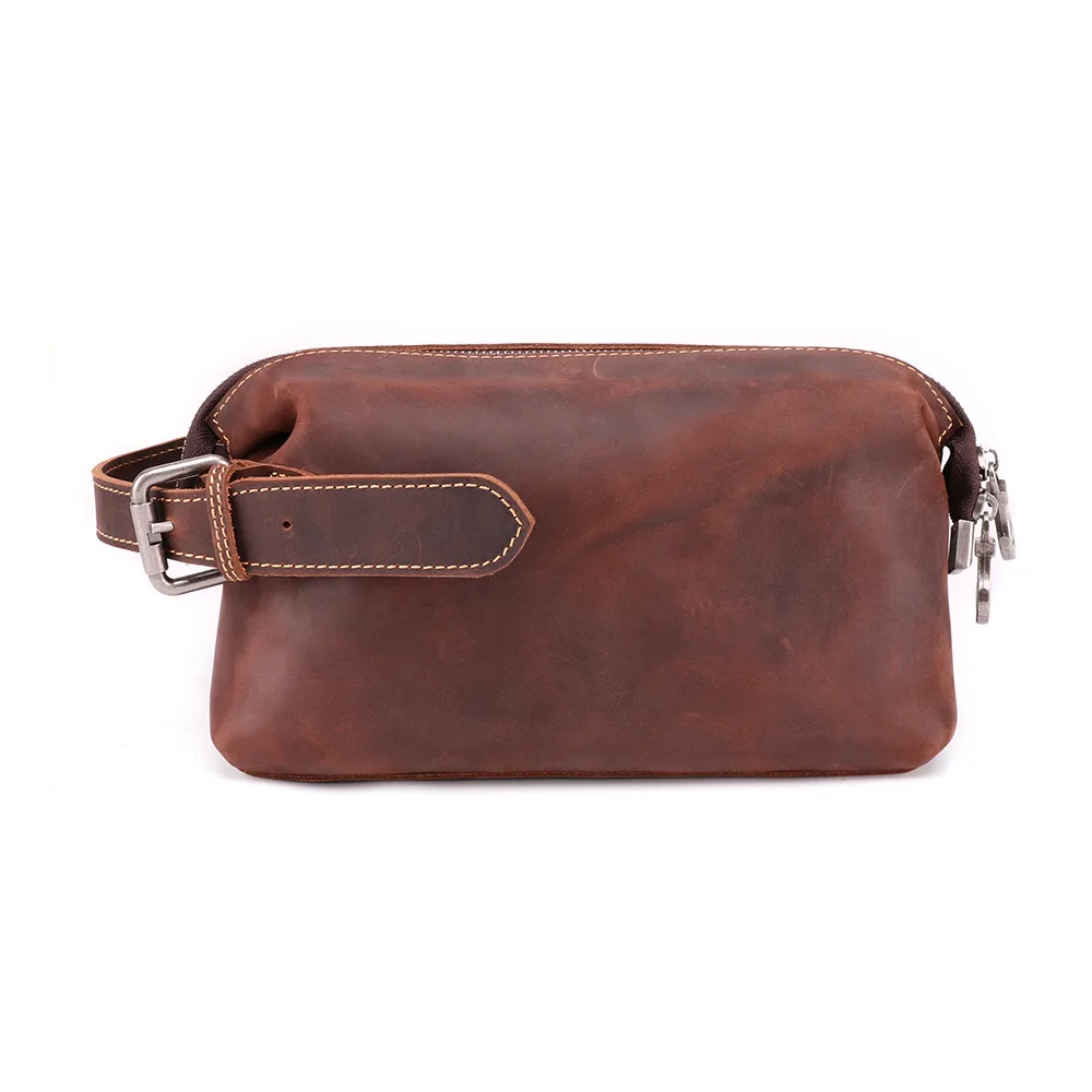 Wallenrisen Vintage Large Capacity Double Layer Zippered Leather Wash Bag For Men Women True Leather Handbag Clutch Storage Bag