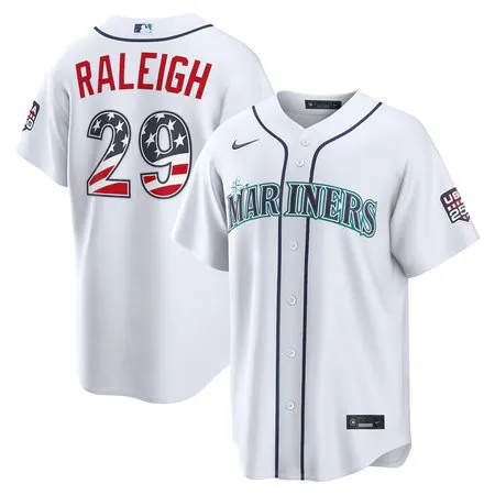 Men's Seattle Mariners #29 Cal Raleigh Nike White USA 250 Fourth of July Home Stadium Jersey