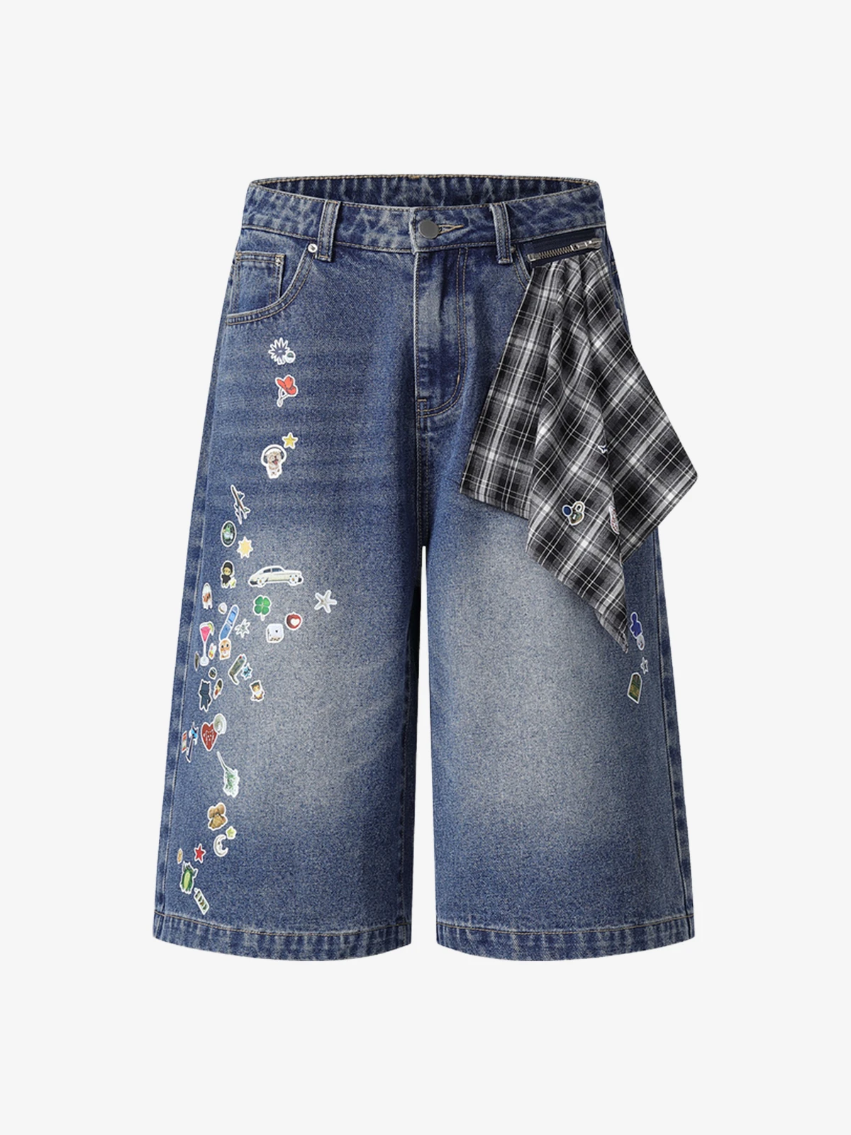 Blue Act Chic Sticker Print Detachable Bandana Longline Jorts Front