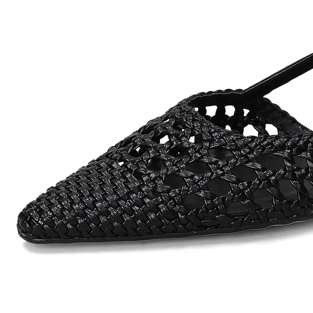 Pointed Toe Woven Cut-Out Slingback Kitten Heel Pumps in Black