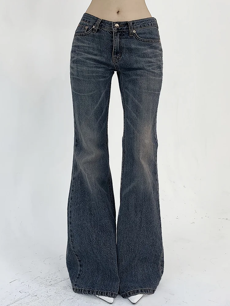 Women's Casual Denim Flared Pants With Front Buckle Pocket