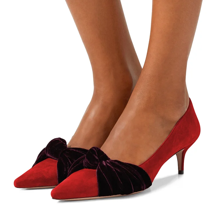 Red Vegan Suede Knot Pointy Toe Kitten Heels Pumps for Women |FSJ Shoes