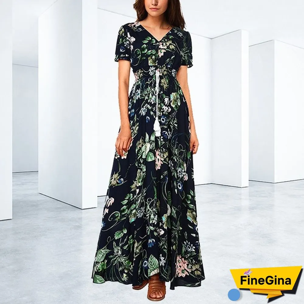 Womens Fashion Bohemian V Neck Print Big Swing Long Dress Plus Size