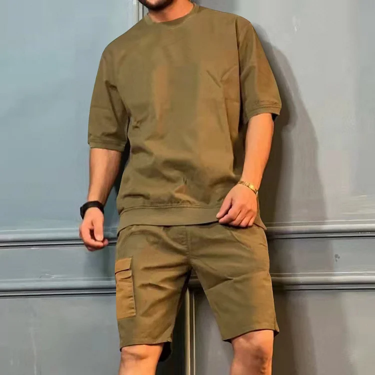 BrosWear Solid Color Crew Neck Tool Pocket T-Shirt And Pants Co-Ord