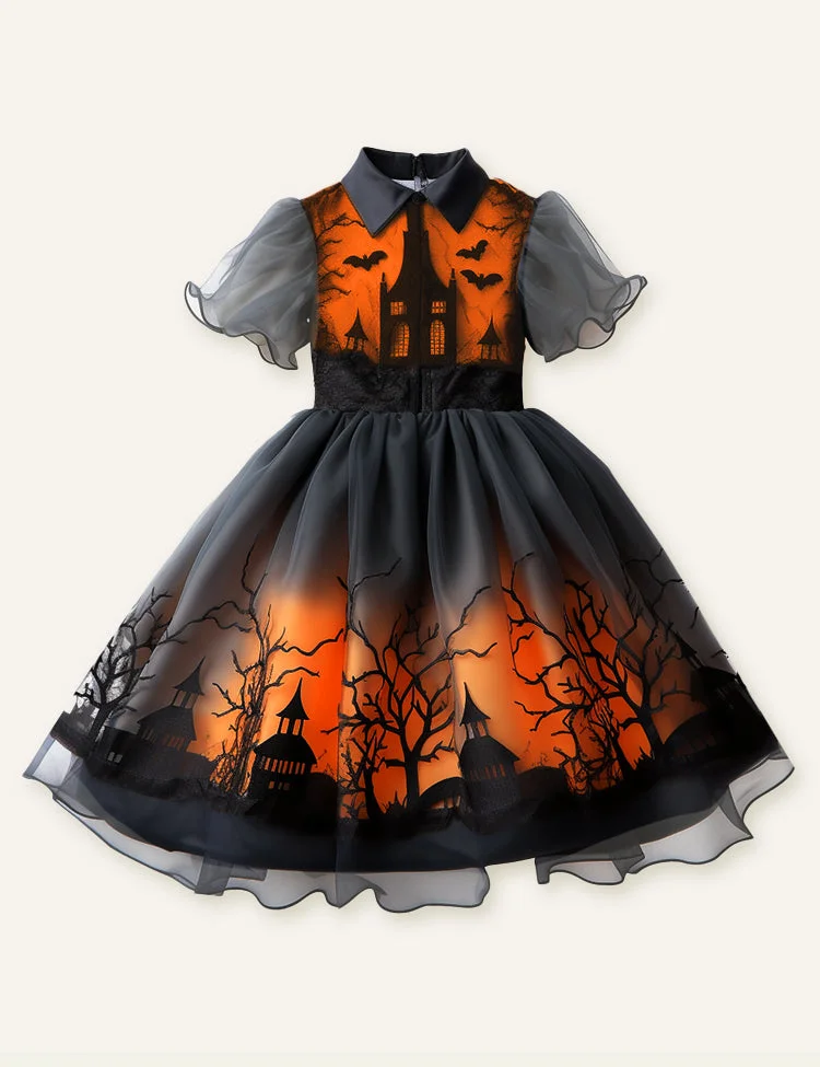 Toddler Kid Girl Halloween Vampire Graveyard Sheer Flutter Sleeves Dress