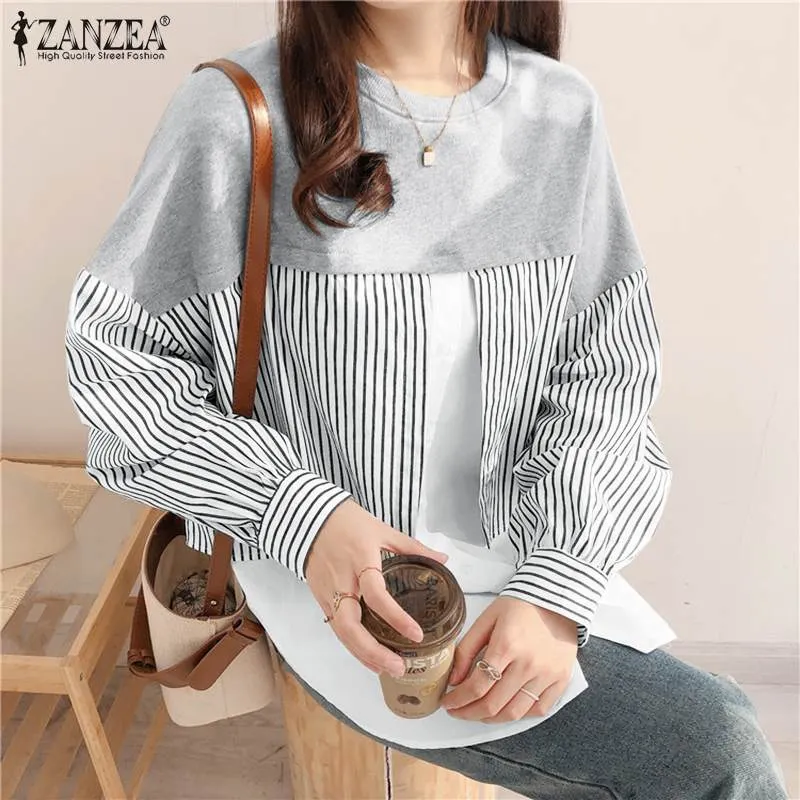 Fashion ZANZEA Autumn Striped Blouse Women Long Sleeve Fake Two Pieces Shirt Casual Pullover Oversize Blusas Patchwork Top Tunic