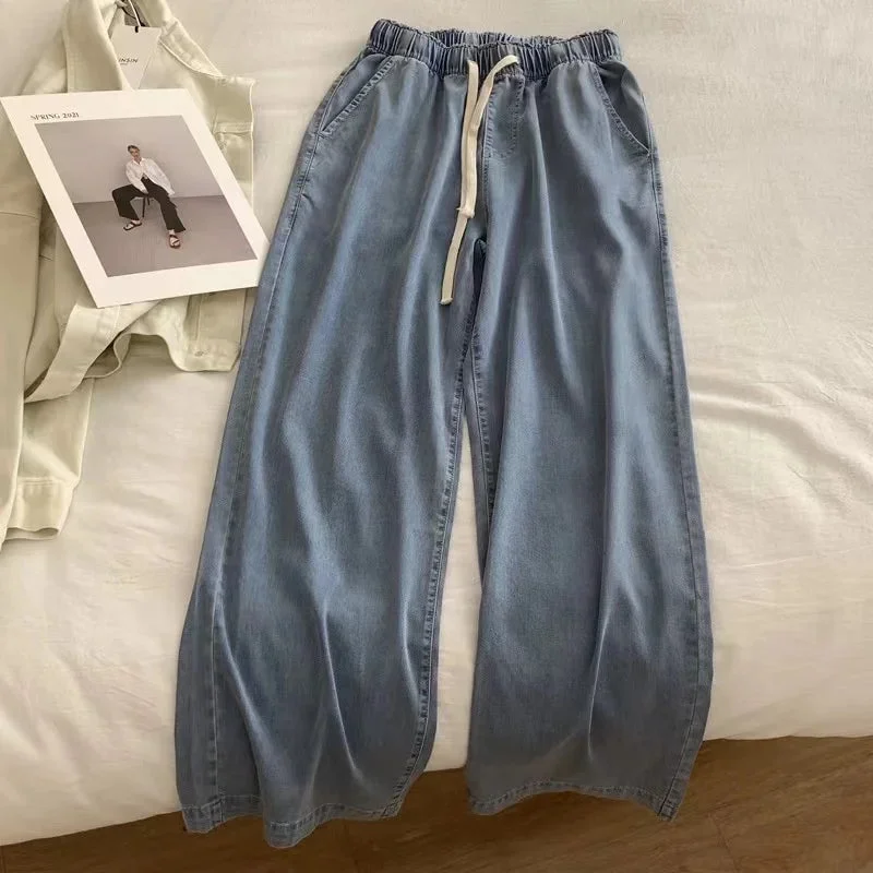 Tlbang Summer Women Jeans Drawstring Elastic Waist Wide Leg Thin Denim Pants Soft Comfortable Large Size Loose Straight Trousers