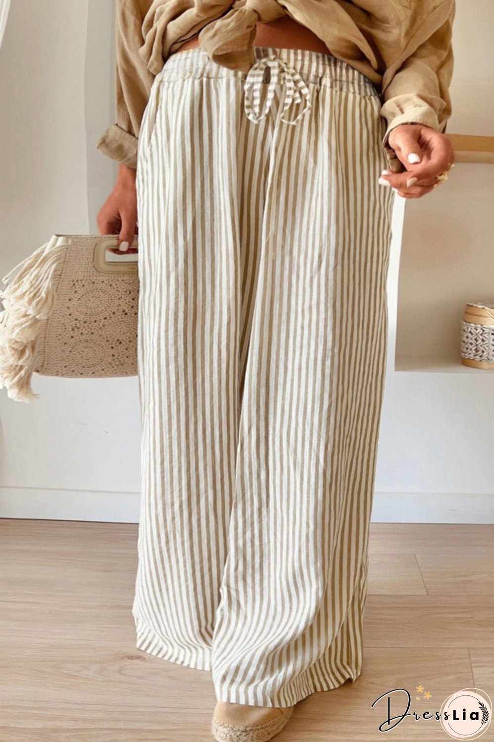Khaki Stripe Plus Size Drawstring High Waist Wide Leg Pants