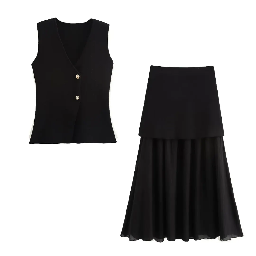 Nigikala Nigikala Women's 2025 Summer New V-Neck Gold Button Knitted Vest + Folding Skirt Suit