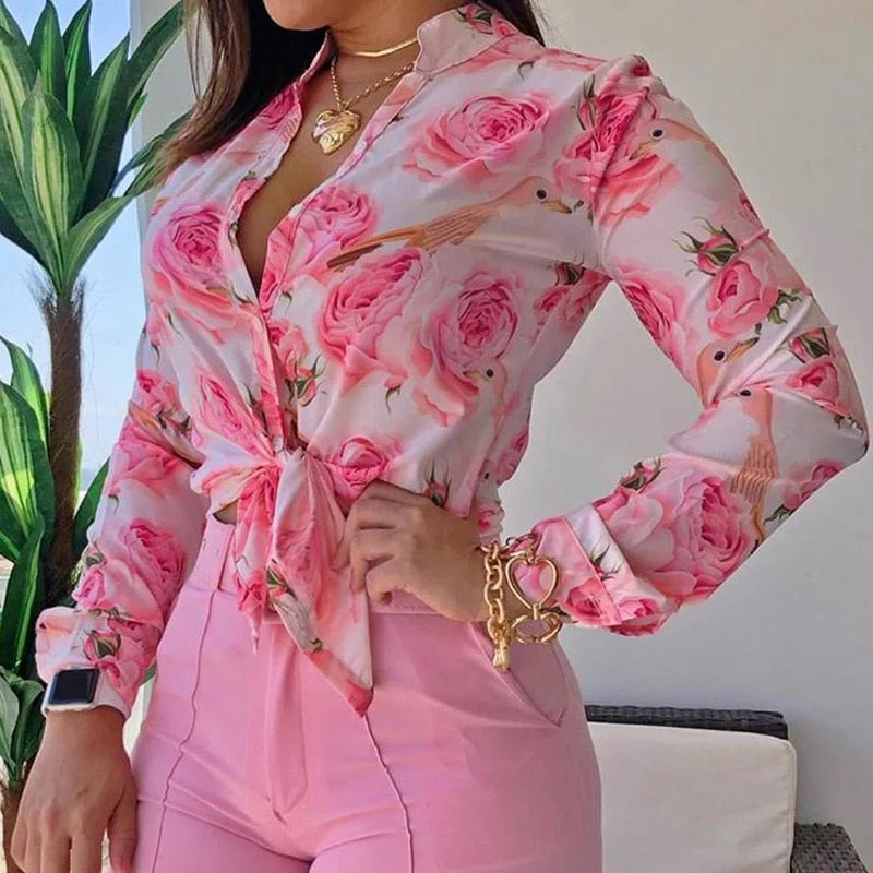 Women Vintage Floral Print Lacing Blouse Shirt Autumn Long Sleeve Sexy V Neck Ladies Top Casual Button Female Fashion Slim Blusa