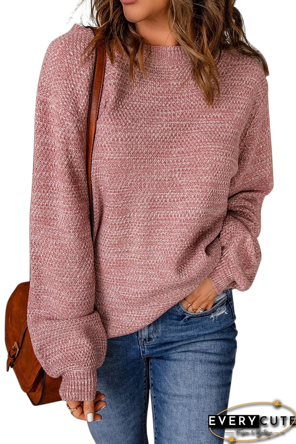 Pink Subtle Heather Knit Bishop Sleeve Sweater