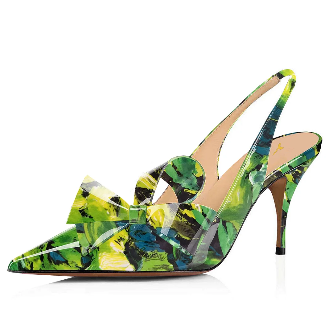 Eye-Catching Printed Patent Leather Bow Inlay Pointed Slingback Pumps
