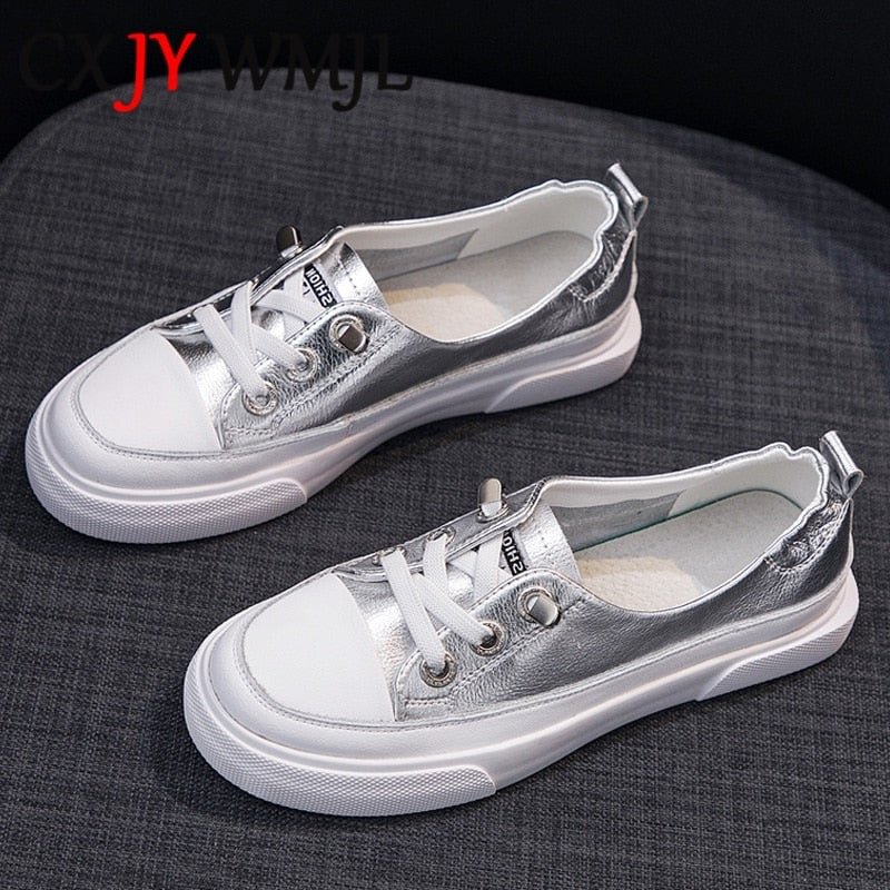 Large Size Women Sneakers Autumn Leather Vulcanized Shoes Fashion Woman Casual Sneaker Spring Breathable Silver lacing Flat Shoe