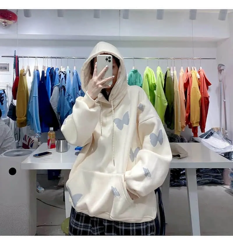 Reflective Butterfly Fluorescent Green Sweatshirt Women Hoodies  Autumn Winter 2021 New Plus Velvet Thickened Student Jacket