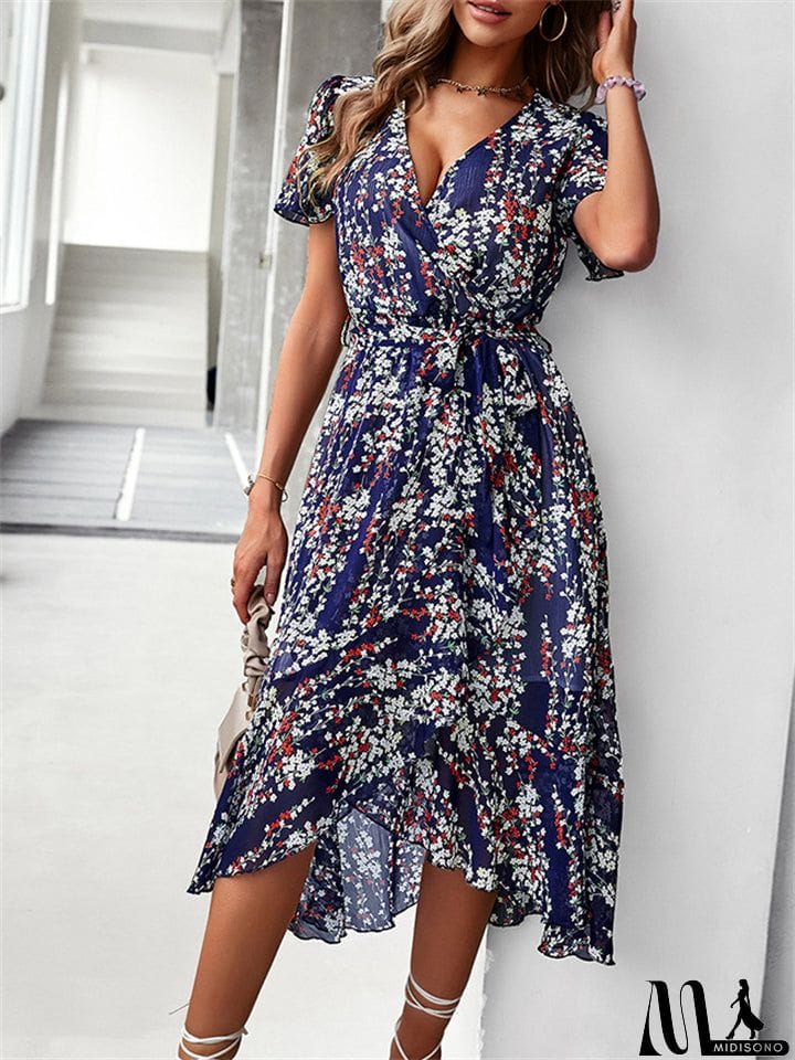 MidiSono - Sexy V-Neck Floral Printed Irregular Hem Dresses