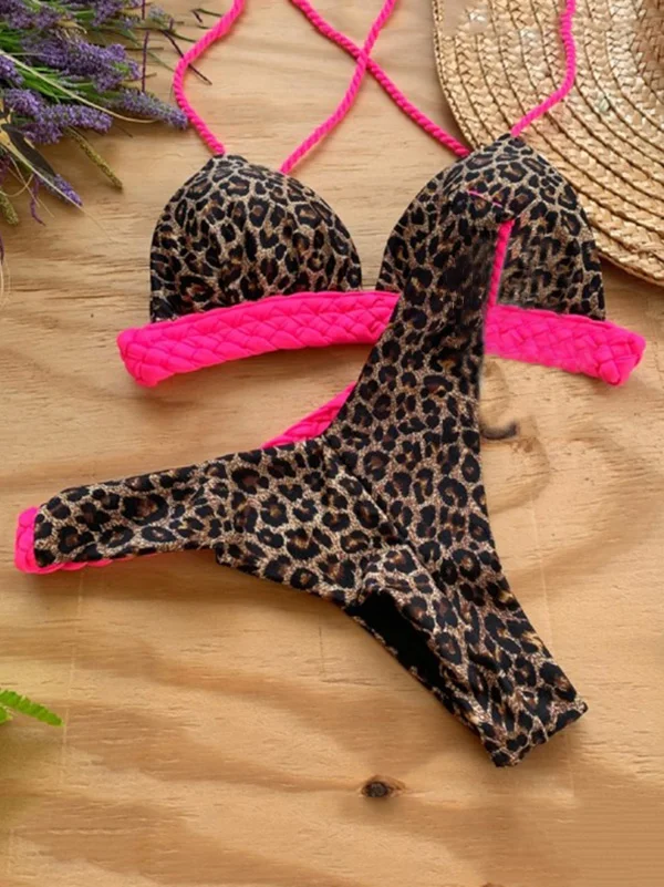 Spaghetti-Neck Leopard Print Triangles Bikini Swimwear